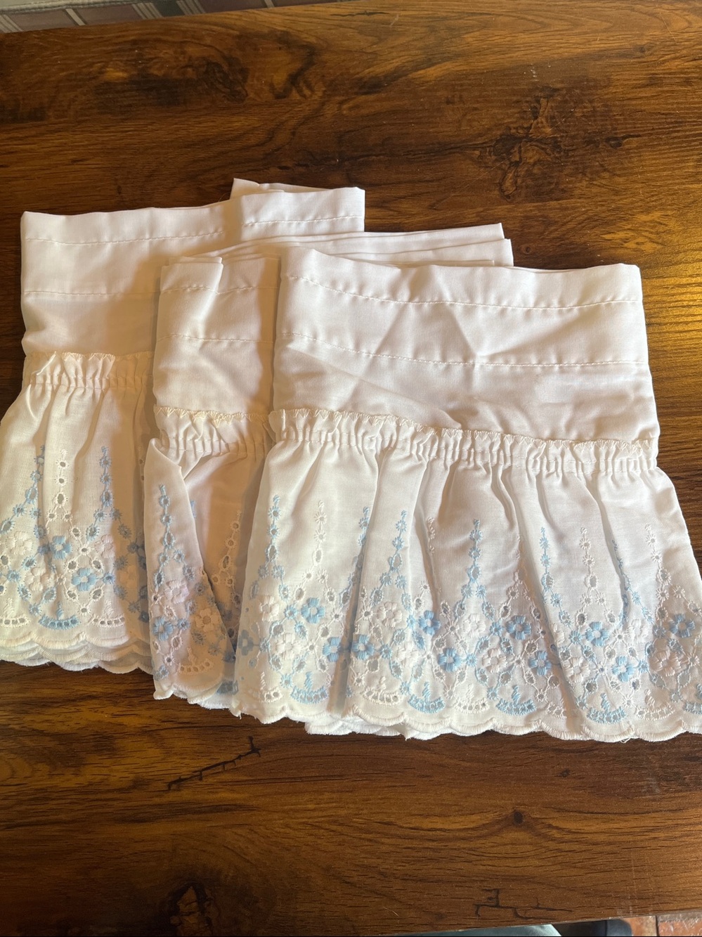 3 valance/each 54” wide by 11” long Belk Sweet Sue blue and white embroidery